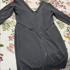 Karl Lagerfeld Dark Charcoal V-Neck Long Sleeve Stud-Trim Dress